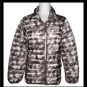 Sportcaster Tan White Tie Dye Packable Down Puffer Jacket Coat XS Warm Cozy